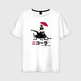 Женская футболка хлопок Oversize с принтом Cyberpunk 2077 Nicola drink в Кировске, 100% хлопок | свободный крой, круглый ворот, спущенный рукав, длина до линии бедер
 | bug | cyberpunk 2077 | drink | girl | japan | nicola