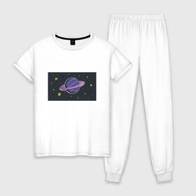 Женская пижама хлопок с принтом Рlanet в Кировске, 100% хлопок | брюки и футболка прямого кроя, без карманов, на брюках мягкая резинка на поясе и по низу штанин | звезды | космос | мерцание | метеориты | сатурн