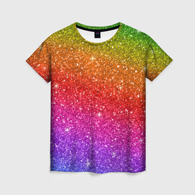 Женская футболка 3D с принтом Блестки радуги в Кировске, 100% полиэфир ( синтетическое хлопкоподобное полотно) | прямой крой, круглый вырез горловины, длина до линии бедер | абстракция | блеск | блестки | блестяжки | блестяшки | градиент | радуга | узор | фон | яркий узор