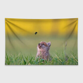 Флаг-баннер с принтом Лисенок и пчелка в Кировске, 100% полиэстер | размер 67 х 109 см, плотность ткани — 95 г/м2; по краям флага есть четыре люверса для крепления | fox | foxy | животное | звери | лиса | лисенок | лисичка | милая | рыжая | фокс