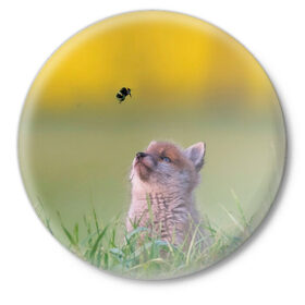 Значок с принтом Лисенок и пчелка в Кировске,  металл | круглая форма, металлическая застежка в виде булавки | fox | foxy | животное | звери | лиса | лисенок | лисичка | милая | рыжая | фокс
