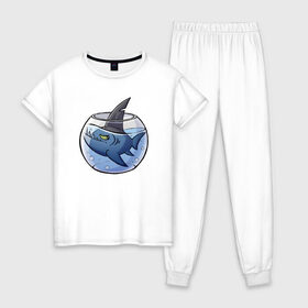 Женская пижама хлопок с принтом Акула в аквариуме в Кировске, 100% хлопок | брюки и футболка прямого кроя, без карманов, на брюках мягкая резинка на поясе и по низу штанин | fish | аквариум | акула | рыба