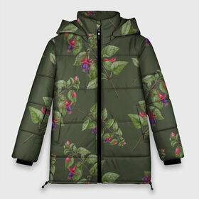 Женская зимняя куртка 3D с принтом Ветки фуксии на темно зеленом в Кировске, верх — 100% полиэстер; подкладка — 100% полиэстер; утеплитель — 100% полиэстер | длина ниже бедра, силуэт Оверсайз. Есть воротник-стойка, отстегивающийся капюшон и ветрозащитная планка. 

Боковые карманы с листочкой на кнопках и внутренний карман на молнии | 8 марта | flowers | summer | ботаническая иллюстрация | весна | зеленый | лето | листья | любовь | оливковый | праздник | принт | природа | растения | розовый | фиолетовый | фуксия | цветы