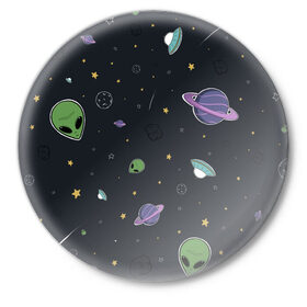 Значок с принтом Space в Кировске,  металл | круглая форма, металлическая застежка в виде булавки | звезды | комета | метеориты | нло | планеты | пришелец