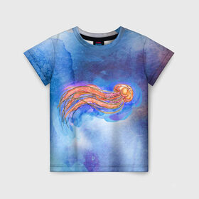 Детская футболка 3D с принтом Медуза акварелью в Кировске, 100% гипоаллергенный полиэфир | прямой крой, круглый вырез горловины, длина до линии бедер, чуть спущенное плечо, ткань немного тянется | акварель | медуза | море | морская | океан | оранжевый | рисунок | синий