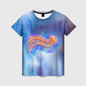 Женская футболка 3D с принтом Медуза акварелью в Кировске, 100% полиэфир ( синтетическое хлопкоподобное полотно) | прямой крой, круглый вырез горловины, длина до линии бедер | акварель | медуза | море | морская | океан | оранжевый | рисунок | синий