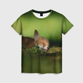 Женская футболка 3D с принтом Сонный лисенок в Кировске, 100% полиэфир ( синтетическое хлопкоподобное полотно) | прямой крой, круглый вырез горловины, длина до линии бедер | fox | foxy | животное | звери | лиса | лисенок | лисичка | милая | рыжая | фокс