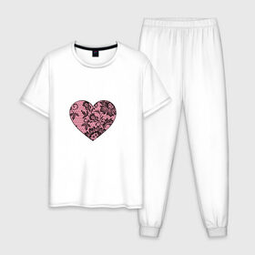 Мужская пижама хлопок с принтом Сердечко в Кировске, 100% хлопок | брюки и футболка прямого кроя, без карманов, на брюках мягкая резинка на поясе и по низу штанин
 | кружево | любовь | парные | розовый
