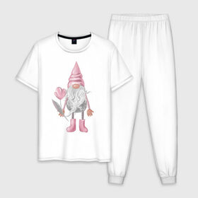 Мужская пижама хлопок с принтом Гномик седой с цветочком в Кировске, 100% хлопок | брюки и футболка прямого кроя, без карманов, на брюках мягкая резинка на поясе и по низу штанин
 | 