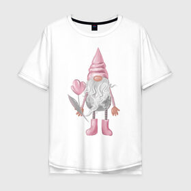 Мужская футболка хлопок Oversize с принтом Гномик седой с цветочком в Кировске, 100% хлопок | свободный крой, круглый ворот, “спинка” длиннее передней части | 