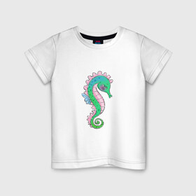 Детская футболка хлопок с принтом Морской конек в Кировске, 100% хлопок | круглый вырез горловины, полуприлегающий силуэт, длина до линии бедер | море | морские жители | подводное царство | русалка