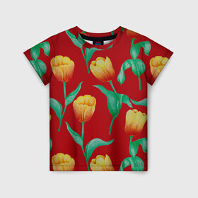 Детская футболка 3D с принтом Тюльпаны на красном фоне в Кировске, 100% гипоаллергенный полиэфир | прямой крой, круглый вырез горловины, длина до линии бедер, чуть спущенное плечо, ткань немного тянется | 8 марта | flowers | summer | ботаническая иллюстрация | весна | желтый | зеленый | красный | лето | любовь | праздник | принт | природа | растения | тюльпаны | цветы