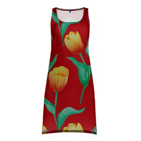 Платье-майка 3D с принтом Тюльпаны на красном фоне в Кировске, 100% полиэстер | полуприлегающий силуэт, широкие бретели, круглый вырез горловины, удлиненный подол сзади. | 8 марта | flowers | summer | ботаническая иллюстрация | весна | желтый | зеленый | красный | лето | любовь | праздник | принт | природа | растения | тюльпаны | цветы
