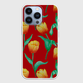 Чехол для iPhone 13 Pro с принтом Тюльпаны на красном фоне в Кировске,  |  | 8 марта | flowers | summer | ботаническая иллюстрация | весна | желтый | зеленый | красный | лето | любовь | праздник | принт | природа | растения | тюльпаны | цветы