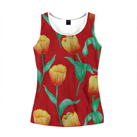 Женская майка 3D с принтом Тюльпаны на красном фоне в Кировске, 100% полиэстер | круглая горловина, прямой силуэт, длина до линии бедра | 8 марта | flowers | summer | ботаническая иллюстрация | весна | желтый | зеленый | красный | лето | любовь | праздник | принт | природа | растения | тюльпаны | цветы