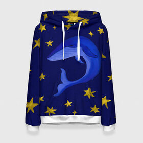 Женская толстовка 3D с принтом Звездный кит в Кировске, 100% полиэстер  | двухслойный капюшон со шнурком для регулировки, мягкие манжеты на рукавах и по низу толстовки, спереди карман-кенгуру с мягким внутренним слоем. | Тематика изображения на принте: звезды | золотые | кит | ночное небо | синий | созвездие