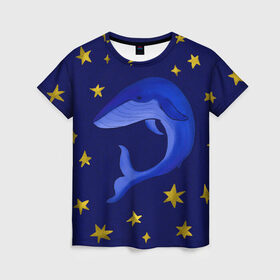 Женская футболка 3D с принтом Звездный кит в Кировске, 100% полиэфир ( синтетическое хлопкоподобное полотно) | прямой крой, круглый вырез горловины, длина до линии бедер | звезды | золотые | кит | ночное небо | синий | созвездие