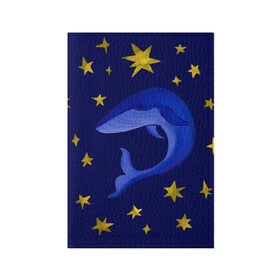 Обложка для паспорта матовая кожа с принтом Звездный кит в Кировске, натуральная матовая кожа | размер 19,3 х 13,7 см; прозрачные пластиковые крепления | Тематика изображения на принте: звезды | золотые | кит | ночное небо | синий | созвездие