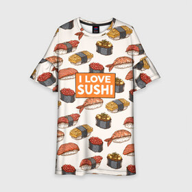 Детское платье 3D с принтом I love sushi Я люблю суши в Кировске, 100% полиэстер | прямой силуэт, чуть расширенный к низу. Круглая горловина, на рукавах — воланы | Тематика изображения на принте: japan | japanese | виды суши | гункан | гунканы | икра | красная икра | красная рыба | креветка | лосось | маки | нигири | омлет | паттерн | ролл | роллы | сашими | суси | узор | фастфуд | форель | футомаки