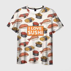 Мужская футболка 3D с принтом I love sushi Я люблю суши в Кировске, 100% полиэфир | прямой крой, круглый вырез горловины, длина до линии бедер | Тематика изображения на принте: japan | japanese | виды суши | гункан | гунканы | икра | красная икра | красная рыба | креветка | лосось | маки | нигири | омлет | паттерн | ролл | роллы | сашими | суси | узор | фастфуд | форель | футомаки