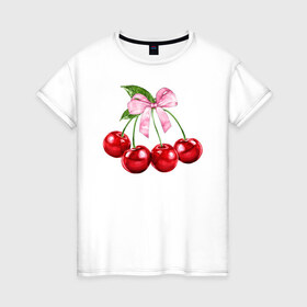 Женская футболка хлопок с принтом Вишенки в Кировске, 100% хлопок | прямой крой, круглый вырез горловины, длина до линии бедер, слегка спущенное плечо | гроздь | красный | черри.ягоды