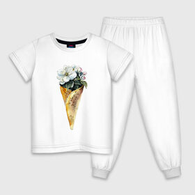 Детская пижама хлопок с принтом Мороженко в Кировске, 100% хлопок |  брюки и футболка прямого кроя, без карманов, на брюках мягкая резинка на поясе и по низу штанин
 | Тематика изображения на принте: акварель | букет | мороженое | цветы