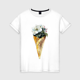 Женская футболка хлопок с принтом Мороженко в Кировске, 100% хлопок | прямой крой, круглый вырез горловины, длина до линии бедер, слегка спущенное плечо | акварель | букет | мороженое | цветы
