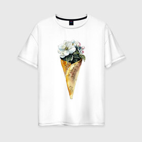 Женская футболка хлопок Oversize с принтом Мороженко в Кировске, 100% хлопок | свободный крой, круглый ворот, спущенный рукав, длина до линии бедер
 | акварель | букет | мороженое | цветы