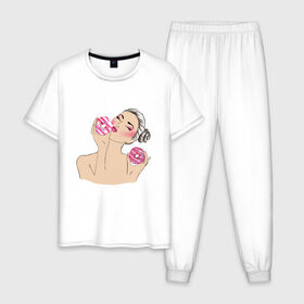 Мужская пижама хлопок с принтом Моя любовь-пончики в Кировске, 100% хлопок | брюки и футболка прямого кроя, без карманов, на брюках мягкая резинка на поясе и по низу штанин
 | вкусно | девушка | пончик | сладости