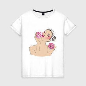 Женская футболка хлопок с принтом Моя любовь-пончики в Кировске, 100% хлопок | прямой крой, круглый вырез горловины, длина до линии бедер, слегка спущенное плечо | вкусно | девушка | пончик | сладости