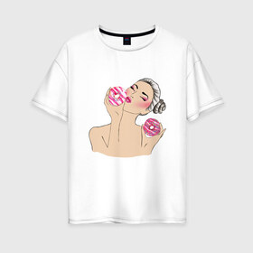 Женская футболка хлопок Oversize с принтом Моя любовь-пончики в Кировске, 100% хлопок | свободный крой, круглый ворот, спущенный рукав, длина до линии бедер
 | вкусно | девушка | пончик | сладости