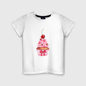 Детская футболка хлопок с принтом Капкейк в Кировске, 100% хлопок | круглый вырез горловины, полуприлегающий силуэт, длина до линии бедер | Тематика изображения на принте: вишенка | к чаю | кекс | крем