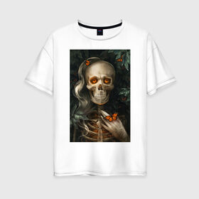 Женская футболка хлопок Oversize с принтом Скелет и баббочки в Кировске, 100% хлопок | свободный крой, круглый ворот, спущенный рукав, длина до линии бедер
 | бабочки | насекомые | природа | скелет | фентези | череп