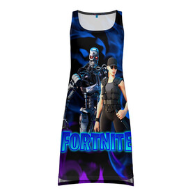 Платье-майка 3D с принтом Fortnite T-800/Sarah в Кировске, 100% полиэстер | полуприлегающий силуэт, широкие бретели, круглый вырез горловины, удлиненный подол сзади. | fortnite | heroes | logo game | marshmallow | marshmello | sarah | sarah connor | t 800 | terminator | битва | бойцы | игра | карась | логотипы игр | маршмеллоу | персонажи игр | робот | сара коннор | терминатор | фортнайт