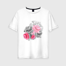 Женская футболка хлопок Oversize с принтом Букет в Кировске, 100% хлопок | свободный крой, круглый ворот, спущенный рукав, длина до линии бедер
 | акварель | девушка | нежность | пионы | цветы