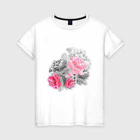 Женская футболка хлопок с принтом Букет в Кировске, 100% хлопок | прямой крой, круглый вырез горловины, длина до линии бедер, слегка спущенное плечо | акварель | девушка | нежность | пионы | цветы