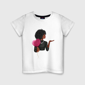 Детская футболка хлопок с принтом Девушка с шариком в Кировске, 100% хлопок | круглый вырез горловины, полуприлегающий силуэт, длина до линии бедер | Тематика изображения на принте: анфас | афро | любовь | ня | ожерелье
