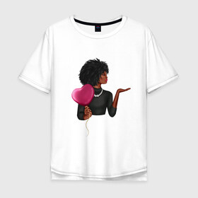 Мужская футболка хлопок Oversize с принтом Девушка с шариком в Кировске, 100% хлопок | свободный крой, круглый ворот, “спинка” длиннее передней части | Тематика изображения на принте: анфас | афро | любовь | ня | ожерелье