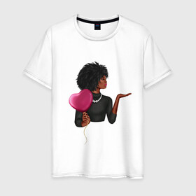 Мужская футболка хлопок с принтом Девушка с шариком в Кировске, 100% хлопок | прямой крой, круглый вырез горловины, длина до линии бедер, слегка спущенное плечо. | Тематика изображения на принте: анфас | афро | любовь | ня | ожерелье