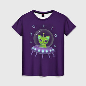 Женская футболка 3D с принтом Инопланетный кот НЛО в Кировске, 100% полиэфир ( синтетическое хлопкоподобное полотно) | прямой крой, круглый вырез горловины, длина до линии бедер | neon | space | вселенная | звезды | зеленые человечки | инопланетяне | космос | кот | неон | нло | огни | тарелка