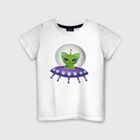 Детская футболка хлопок с принтом Инопланетный кот в Кировске, 100% хлопок | круглый вырез горловины, полуприлегающий силуэт, длина до линии бедер | neon | space | вселенная | звезды | зеленые человечки | инопланетяне | космос | кот | неон | нло | огни | тарелка