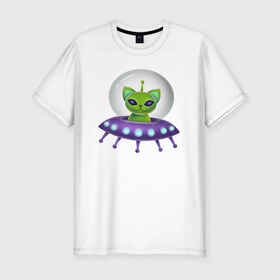 Мужская футболка хлопок Slim с принтом Инопланетный кот в Кировске, 92% хлопок, 8% лайкра | приталенный силуэт, круглый вырез ворота, длина до линии бедра, короткий рукав | neon | space | вселенная | звезды | зеленые человечки | инопланетяне | космос | кот | неон | нло | огни | тарелка