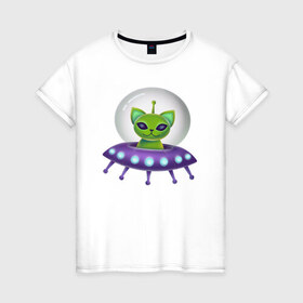 Женская футболка хлопок с принтом Инопланетный кот в Кировске, 100% хлопок | прямой крой, круглый вырез горловины, длина до линии бедер, слегка спущенное плечо | neon | space | вселенная | звезды | зеленые человечки | инопланетяне | космос | кот | неон | нло | огни | тарелка