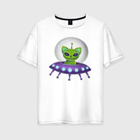 Женская футболка хлопок Oversize с принтом Инопланетный кот в Кировске, 100% хлопок | свободный крой, круглый ворот, спущенный рукав, длина до линии бедер
 | neon | space | вселенная | звезды | зеленые человечки | инопланетяне | космос | кот | неон | нло | огни | тарелка