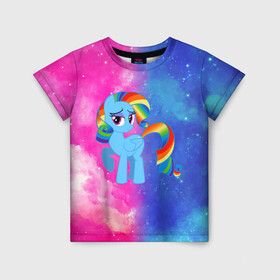 Детская футболка 3D с принтом Радуга Дэш в Кировске, 100% гипоаллергенный полиэфир | прямой крой, круглый вырез горловины, длина до линии бедер, чуть спущенное плечо, ткань немного тянется | Тематика изображения на принте: baby | girl | horse | kawaii | luna | my little pony | princess | rainbow | rainbow dash | девочкам | девочки | детям | единорог | животные | кавайный | конь | лошадь | луна | малыш | облака | пегас | пинки пай | пони | радуга дэш