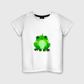 Детская футболка хлопок с принтом Жаба с листиком в Кировске, 100% хлопок | круглый вырез горловины, полуприлегающий силуэт, длина до линии бедер | жаба | зеленая | лягуха | лягушка | милая | с листочком