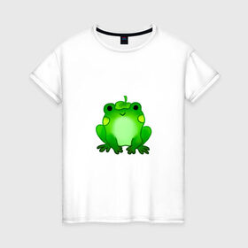 Женская футболка хлопок с принтом Жаба с листиком в Кировске, 100% хлопок | прямой крой, круглый вырез горловины, длина до линии бедер, слегка спущенное плечо | жаба | зеленая | лягуха | лягушка | милая | с листочком