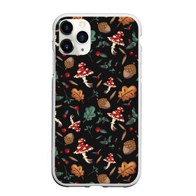 Чехол для iPhone 11 Pro Max матовый с принтом Лесной принт с мухоморами в Кировске, Силикон |  | Тематика изображения на принте: грибы | желуди | лесной | листья | мухоморы | узор | черный