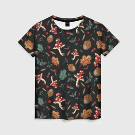 Женская футболка 3D с принтом Лесной принт с мухоморами в Кировске, 100% полиэфир ( синтетическое хлопкоподобное полотно) | прямой крой, круглый вырез горловины, длина до линии бедер | Тематика изображения на принте: грибы | желуди | лесной | листья | мухоморы | узор | черный