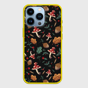 Чехол для iPhone 13 Pro с принтом Лесной принт с мухоморами в Кировске,  |  | Тематика изображения на принте: грибы | желуди | лесной | листья | мухоморы | узор | черный